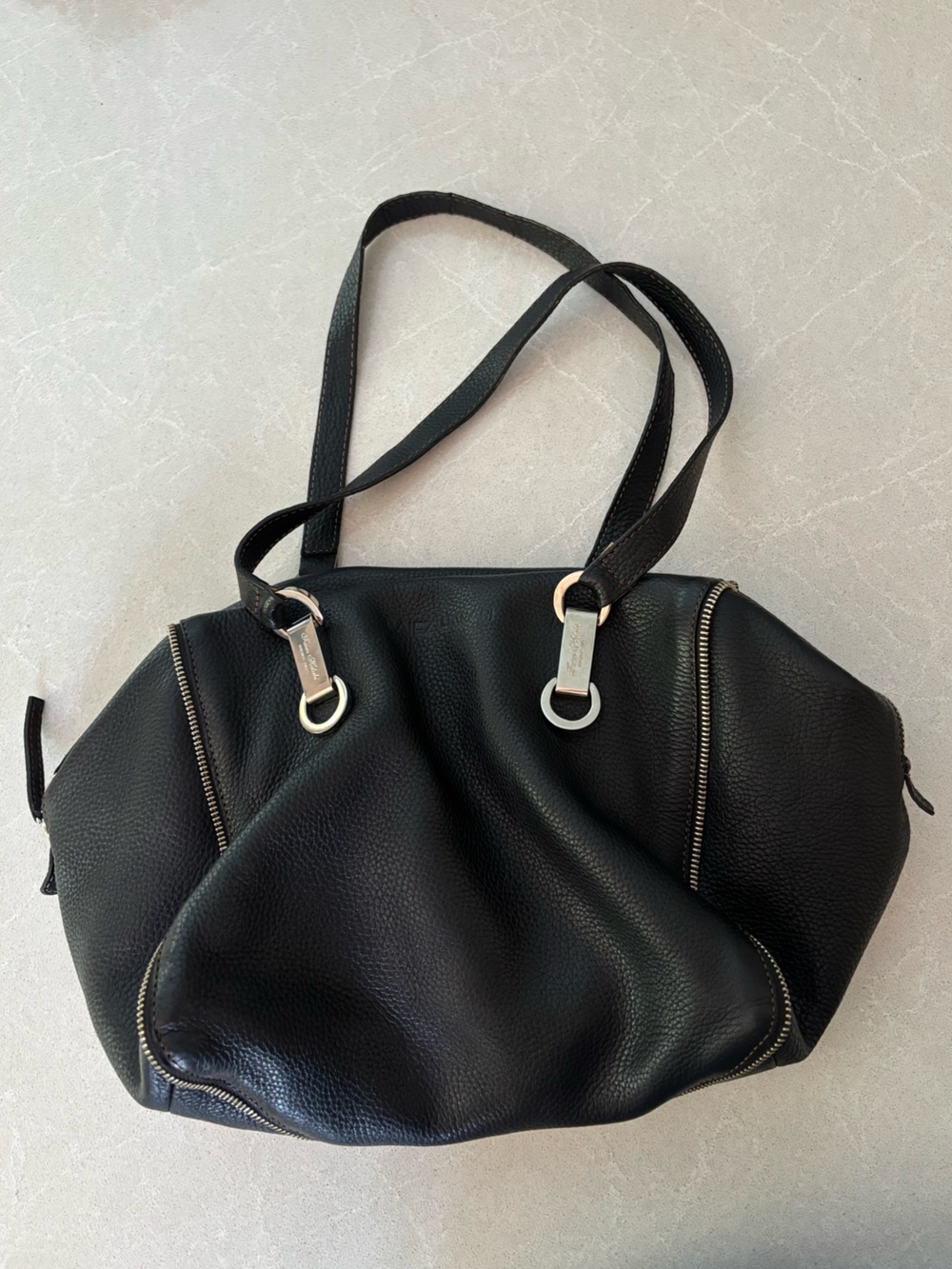 Faiez Halabi Buenos Aires Black Pebbled Leather Multi-Zip Shoulder Bag Classic
